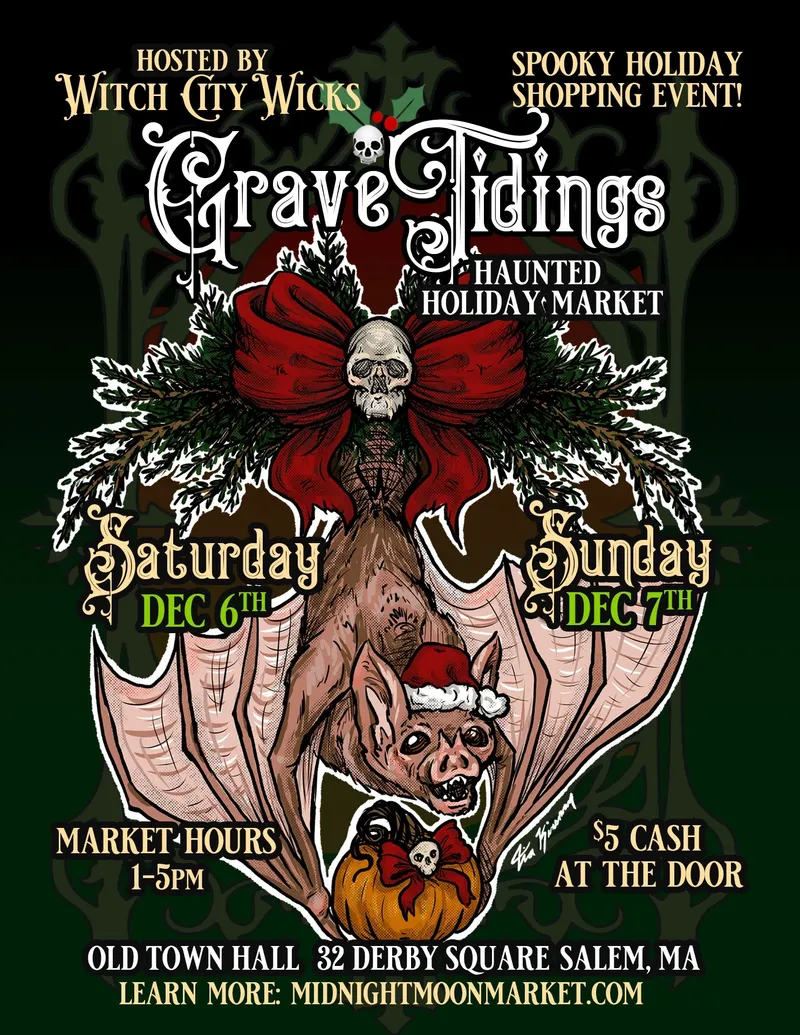 Illustrated event poster featuring a holiday inspired bat and event information.